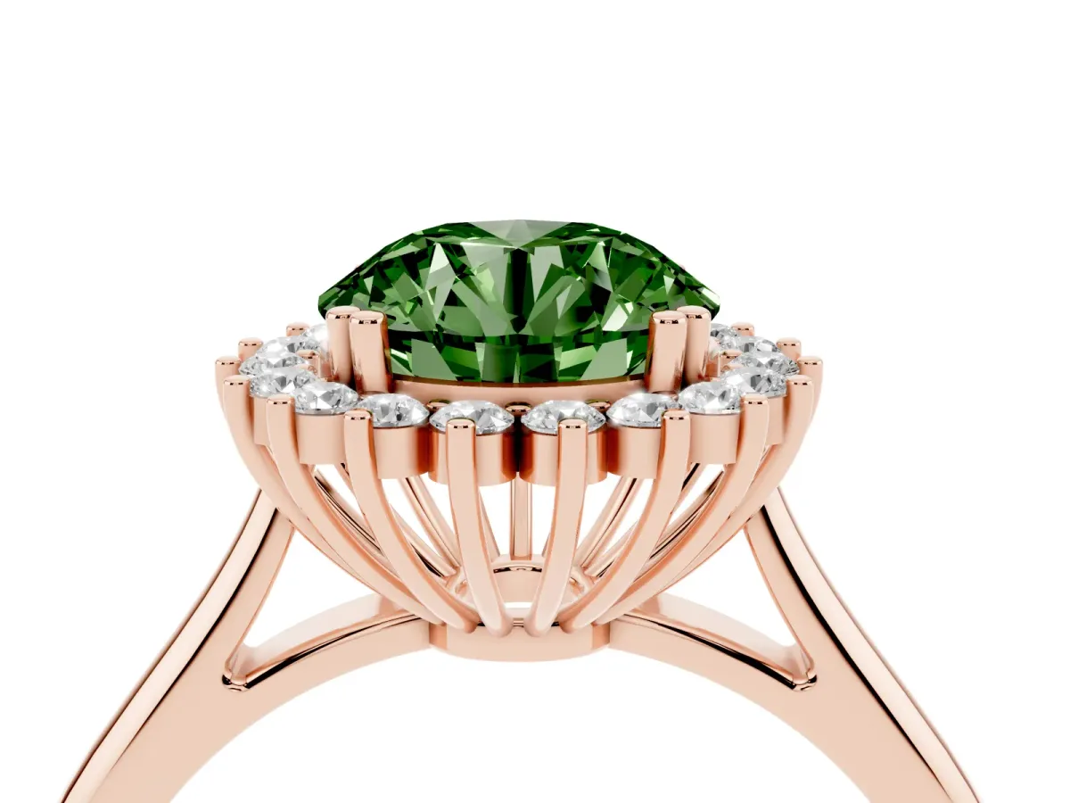 Fancy Green Round Cut Cut Diamond Halo Ring with Solitaire Band and Prong Setting Rose gold