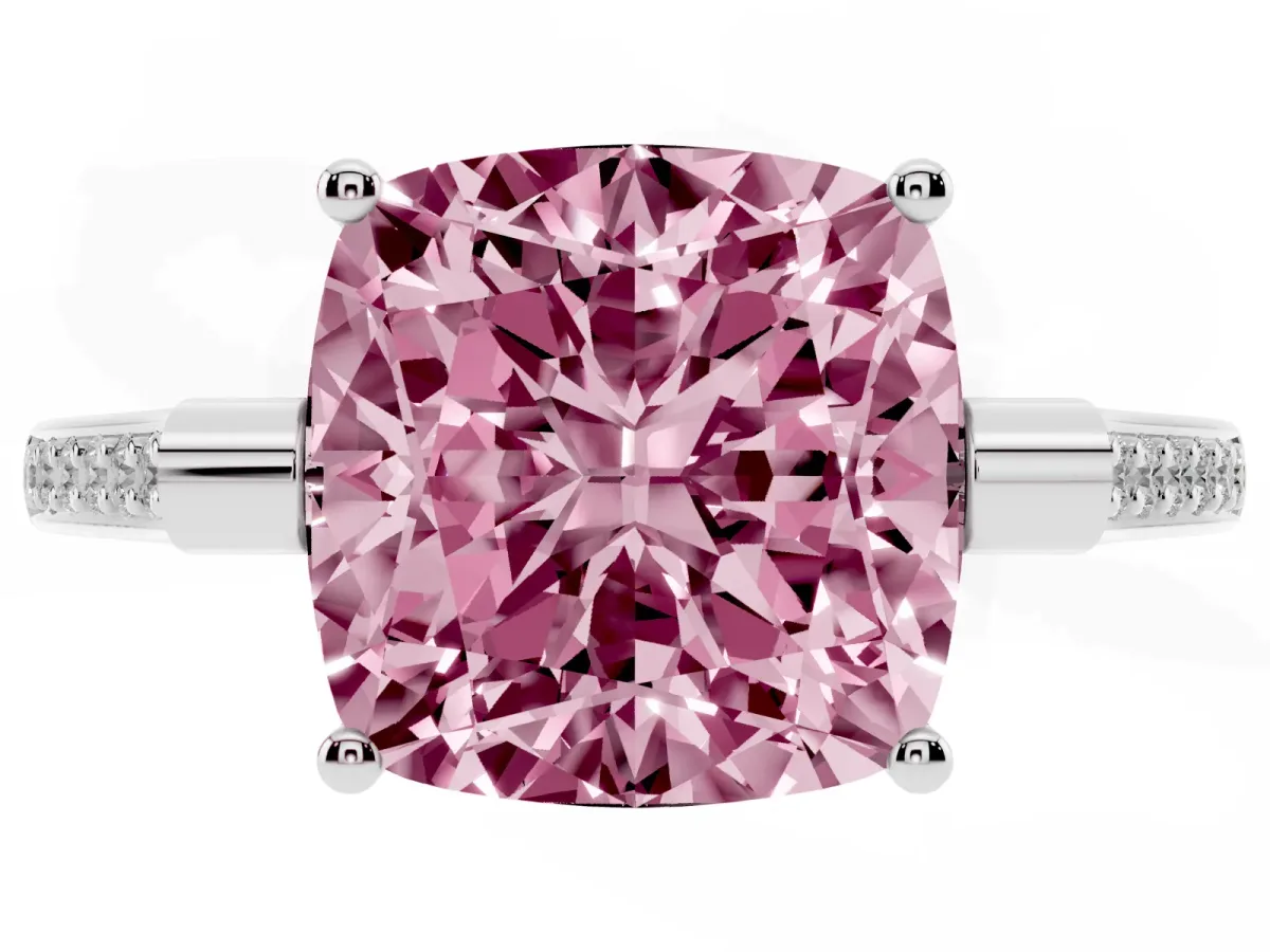 Fancy Pink Cushion Cut Solitaire Diamond Ring with Channel Set Band and Bezel Prong Setting Platinum