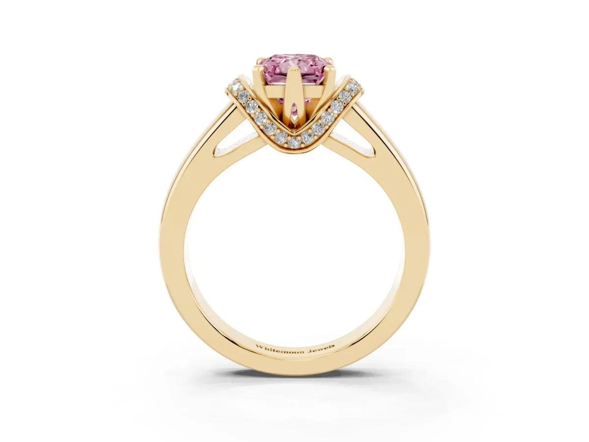 Fancy Pink Radiant Cut Solitaire Diamond Ring with Pave Band and Six-Prong Setting Yellow gold