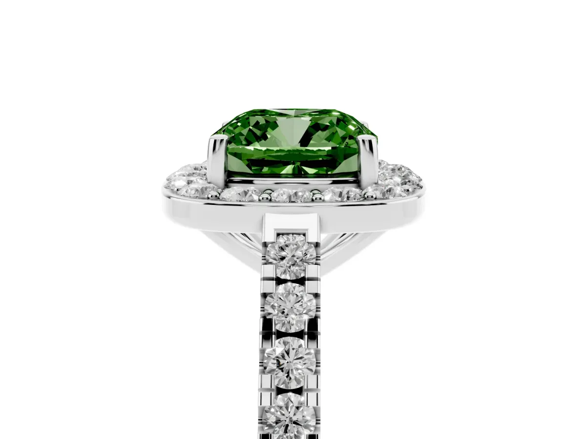 Fancy Green Cushion Cut Diamond Halo Ring with Round Pavé Split Shank and Prong Setting Silver