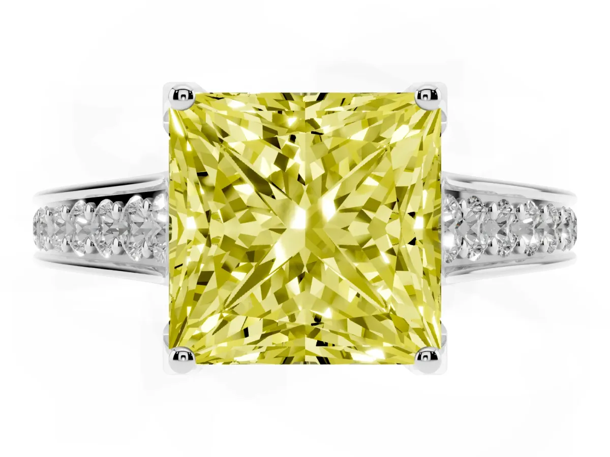 Fancy Yellow Princess Cut Brilliant Cut Diamond Engagement Ring with Pavé Band and Four-Prong Setting White gold