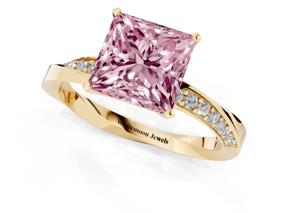 Fancy Pink Princess Cut Diamond Engagement Ring with Side Stone Accents and Four-Prong Setting Yellow gold