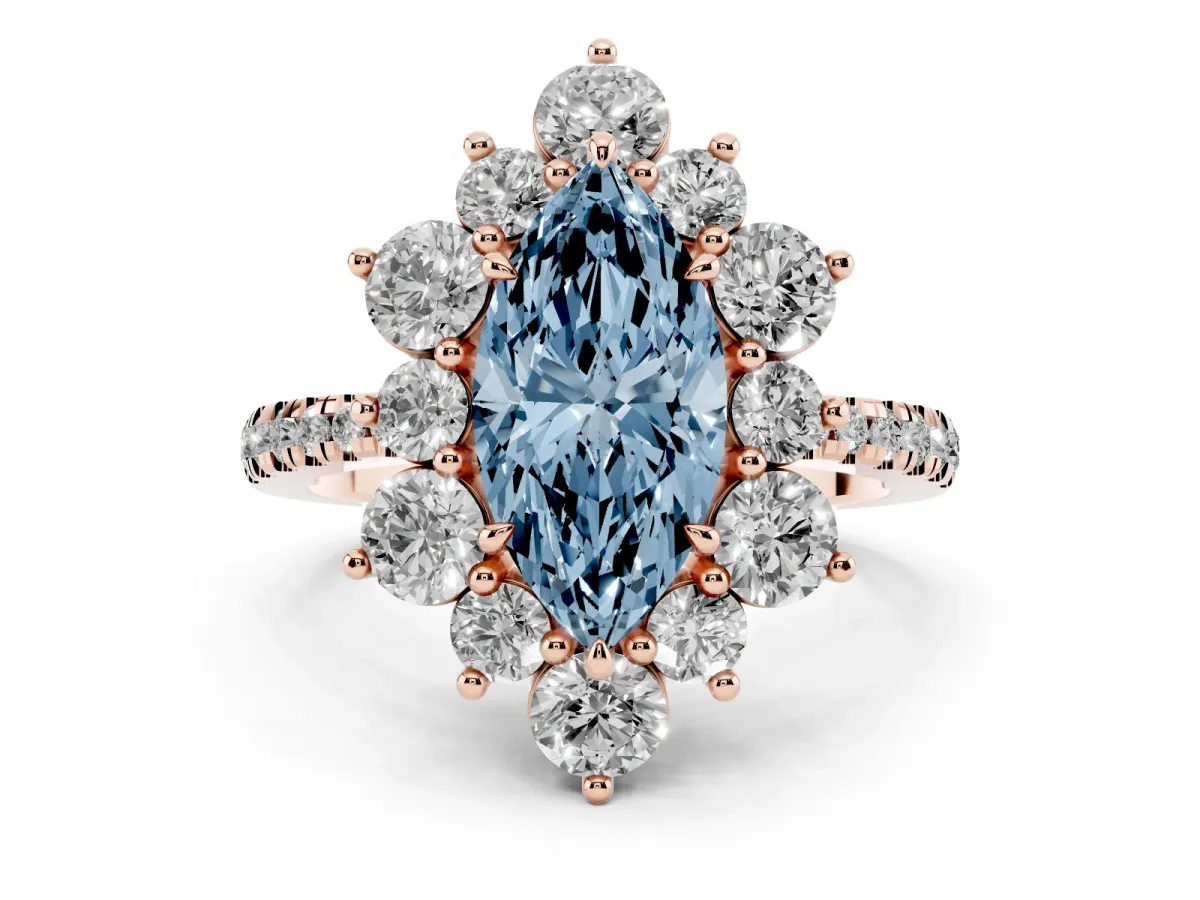 Fancy Blue Marquise Cut Diamond Floral Halo Ring with Round Pavé Band and Prong Setting Rose gold
