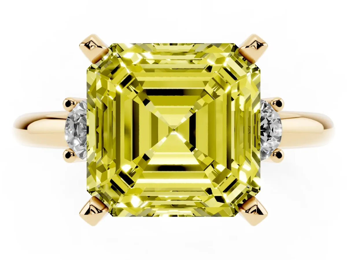 Fancy Yellow Three-Stone Asscher Cut Cut Diamond Solitaire with Prong Setting and Classic Band Yellow gold