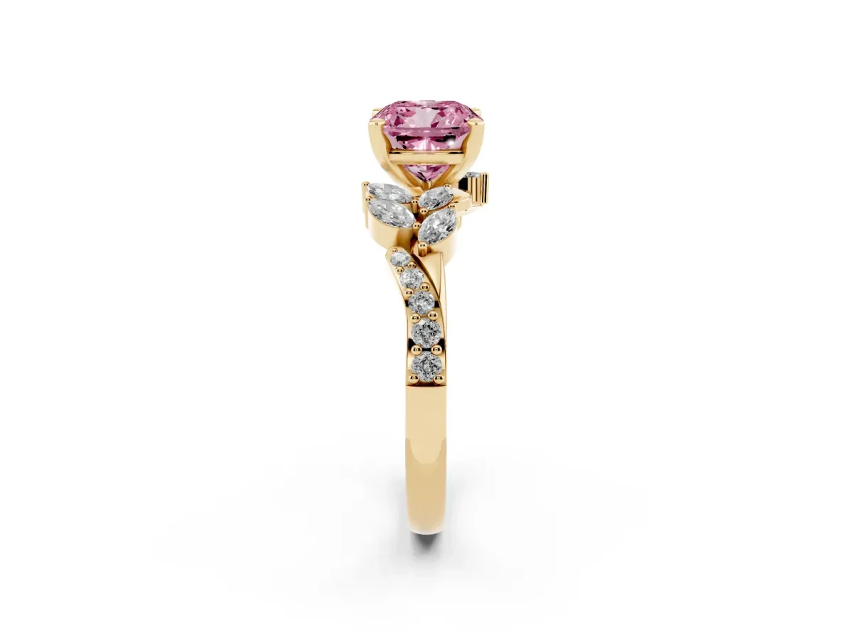 Fancy Pink Cushion Cut Solitaire Marquise Twist Band with Six-Prong Setting Yellow gold