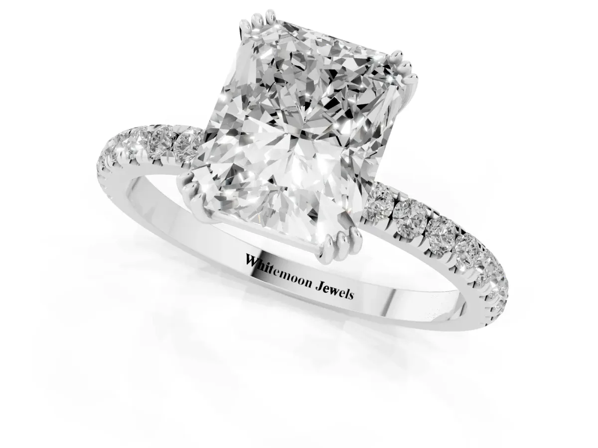 Radiant Cut Brilliant Solitaire with Pavé Band and Claw Prong Setting Silver
