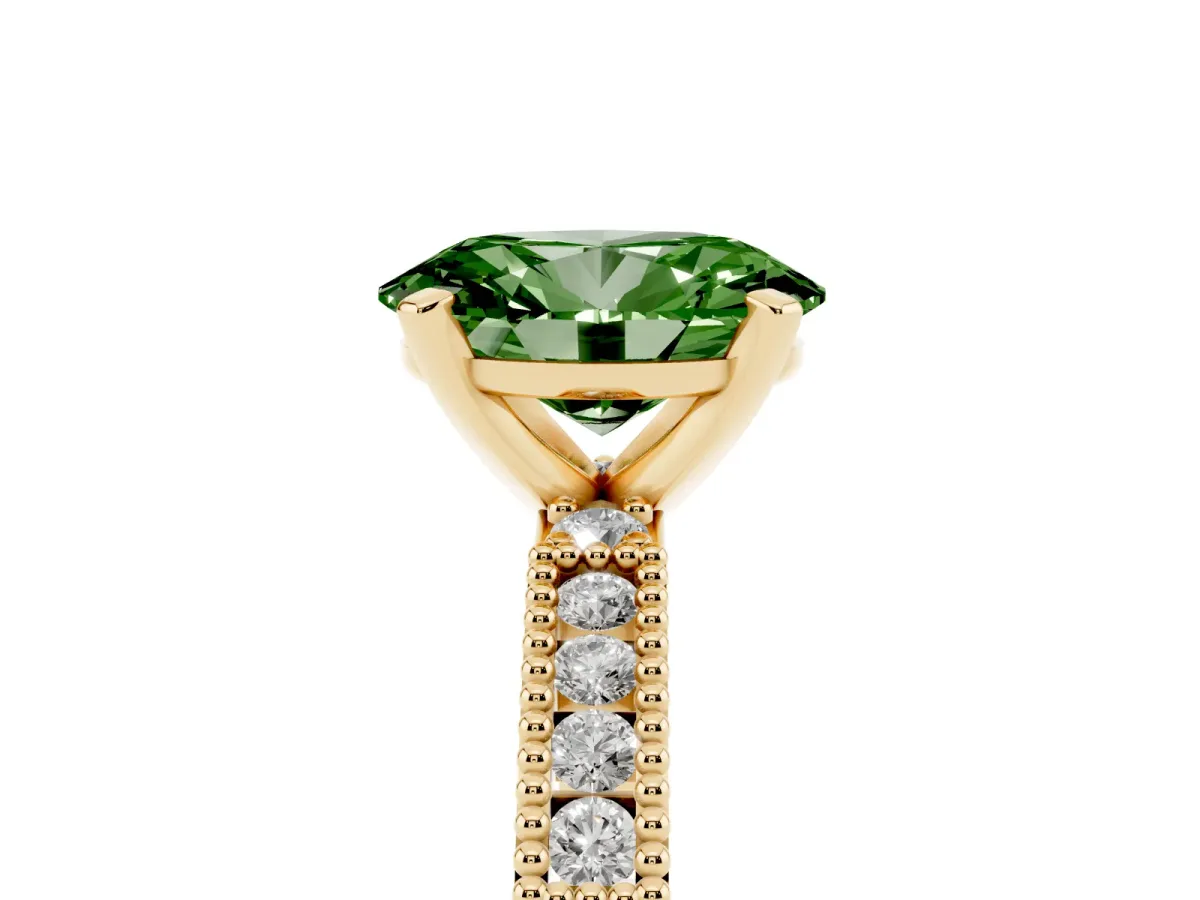 Fancy Green Oval Cut Solitaire with Pavé Band and Four-Prong Setting Yellow gold