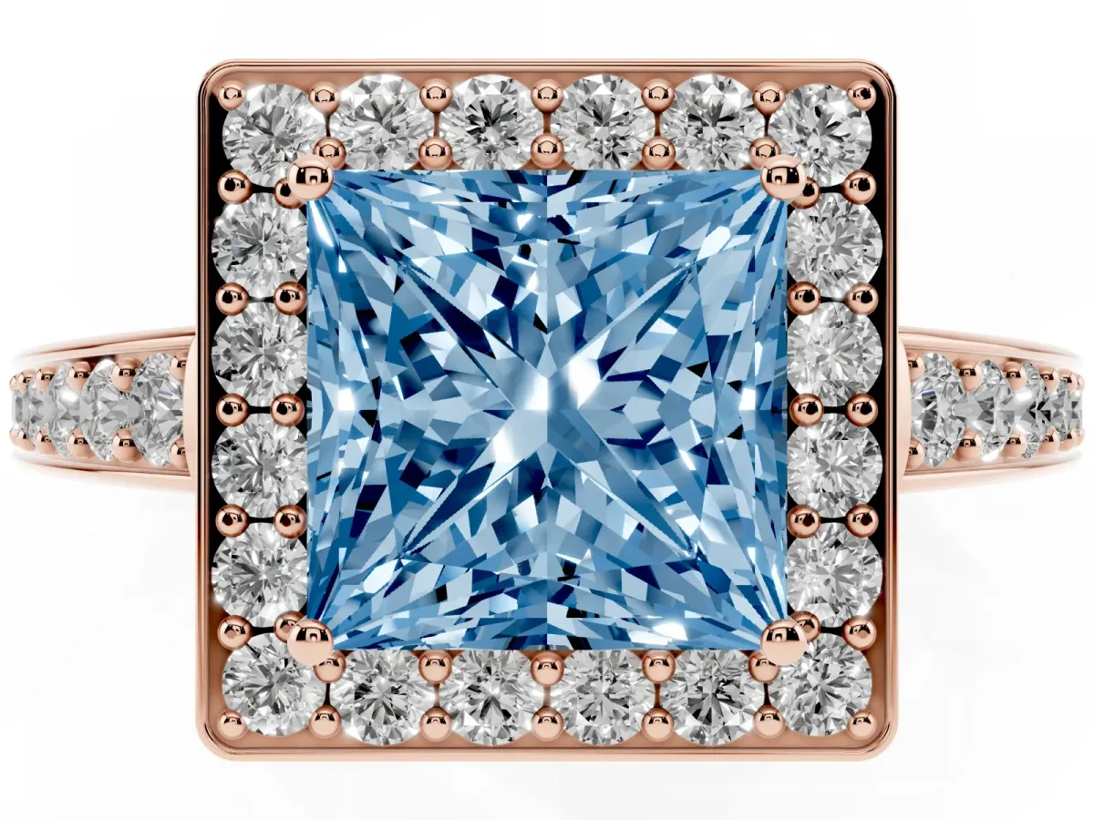Fancy Blue Princess Cut Halo Pavé Diamond Engagement Ring with Bezel Setting Rose gold