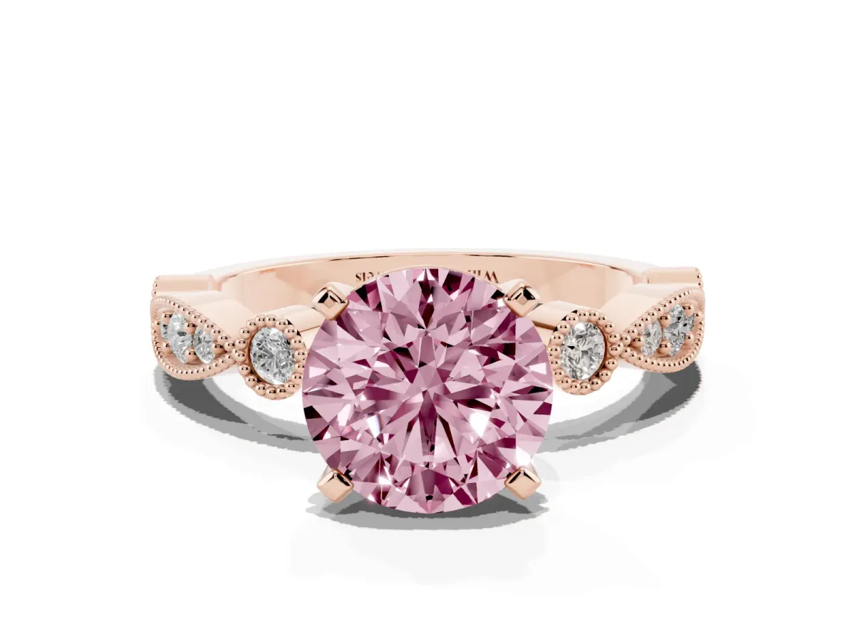 Fancy Pink Round Cut Milgrain Bezel Diamond Engagement Ring with Solitaire Prong Setting Rose gold