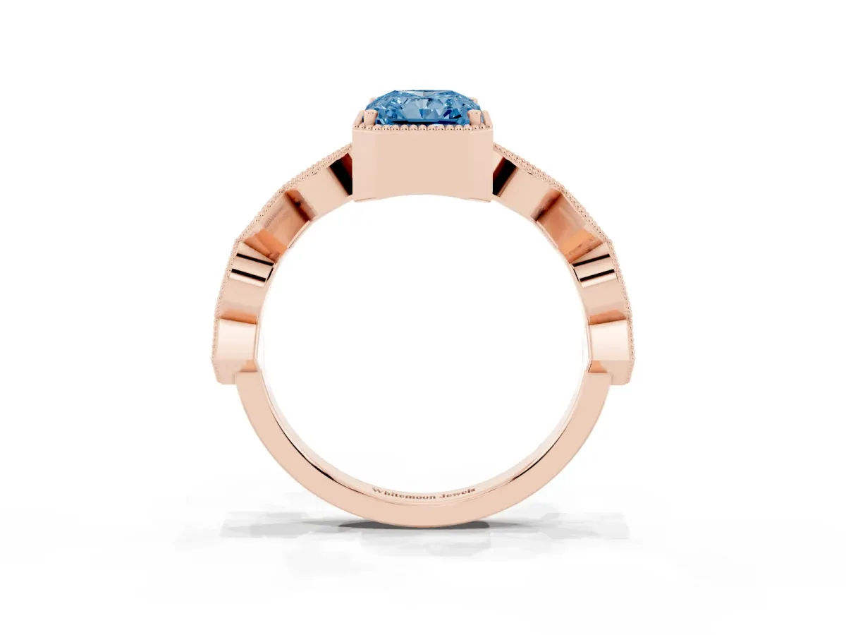 Fancy Blue Radiant Cut Milgrain Marquise Diamond Twist Band Ring Rose gold