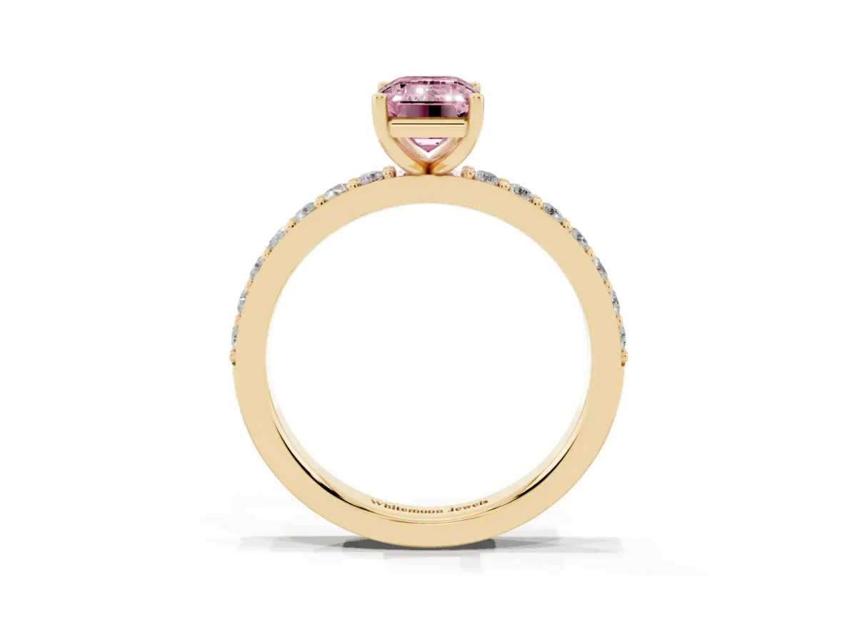 Fancy Pink Emerald Cut Cut Diamond Solitaire with Pave Band and Four-Prong Setting Yellow gold