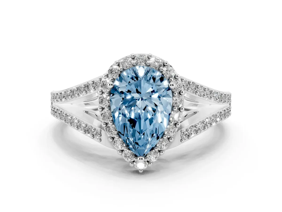 Fancy Blue Pear Cut Halo Split Shank Pave Diamond Ring with Four-Prong Setting Platinum