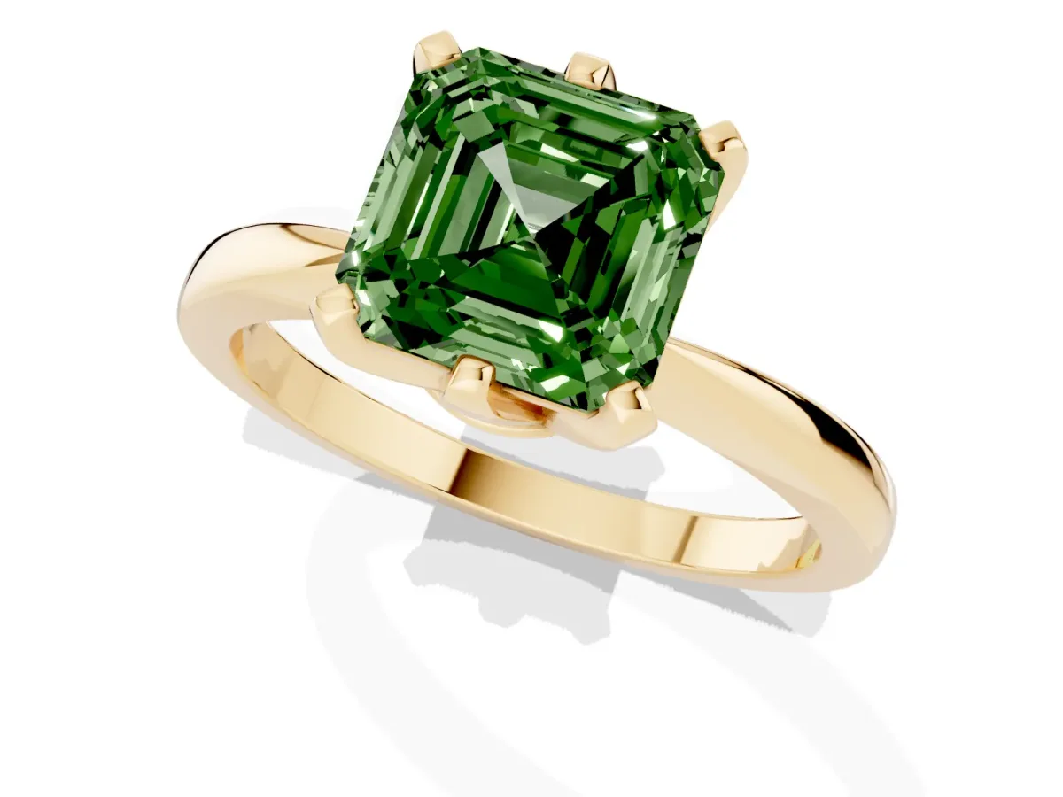 Fancy Green Asscher Cut Solitaire Engagement Ring with Six-Prong Setting and Tapered Band Yellow gold