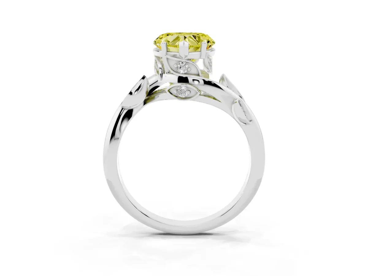 Fancy Yellow Heart Cut Solitaire Twist Engagement Ring with Leaf Accents and Prong Setting White gold