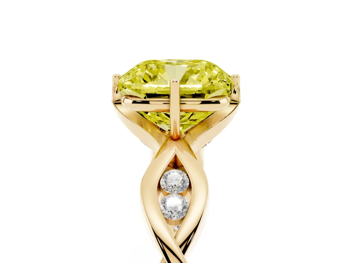 Fancy Yellow Cushion Cut Solitaire Twist Band with Leaf Prong Setting Yellow gold