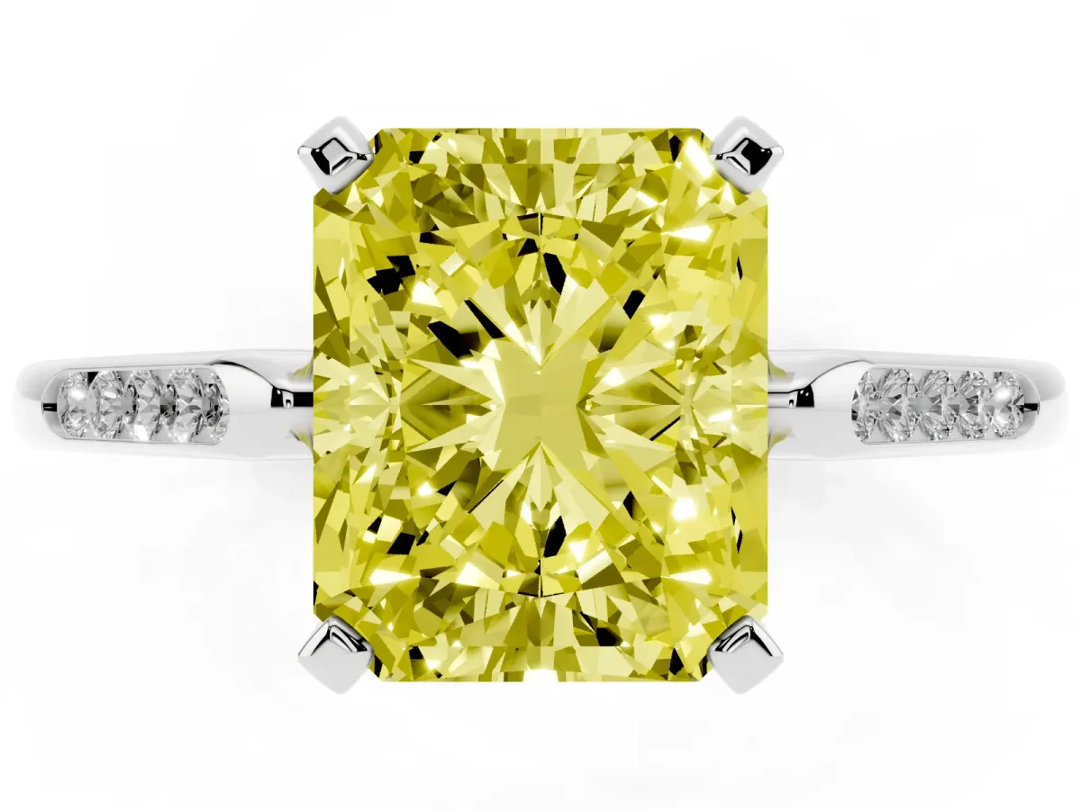 Fancy Yellow Radiant Cut Diamond Solitaire Ring with Channel Set Round Band and Prong Setting Platinum
