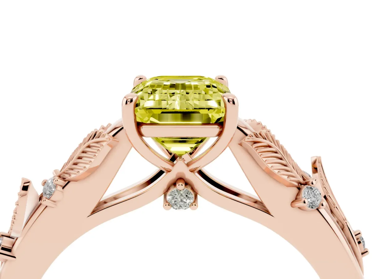 Fancy Yellow Emerald Cut Diamond Solitaire Ring with Leaf Motif Band and Four-Prong Setting Rose gold