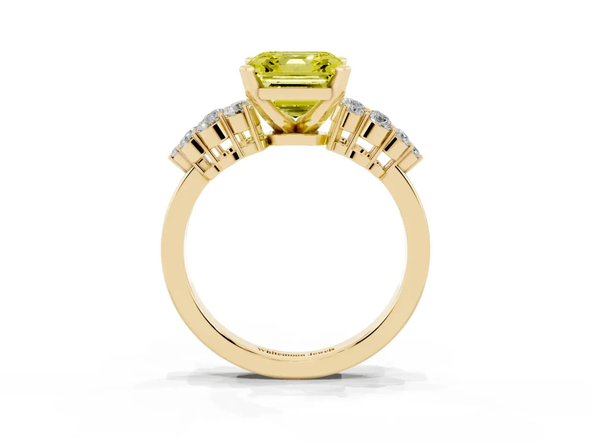 Fancy Yellow Asscher Cut Cluster Diamond Engagement Ring with Pavé Band and Four-Prong Setting Yellow gold