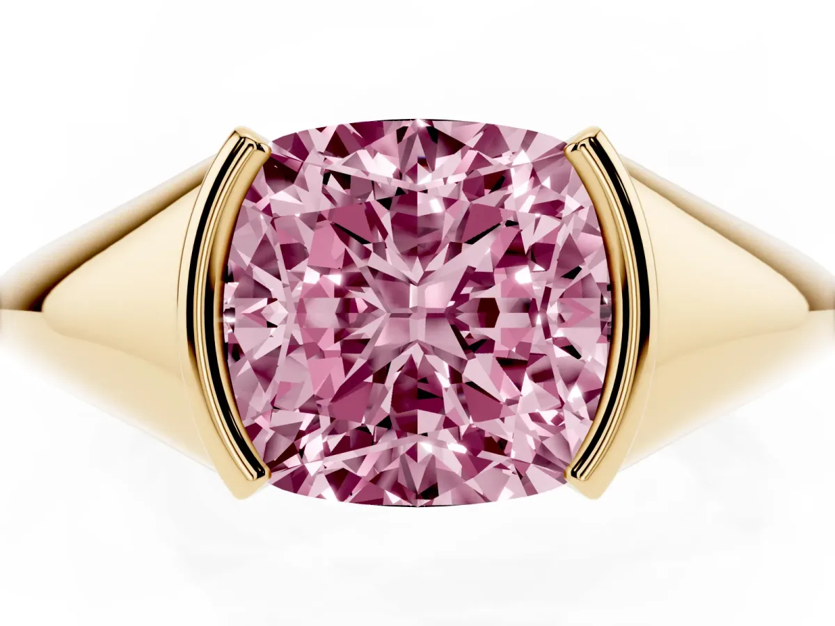 Fancy Pink Cushion Cut Solitaire Tension Set Diamond Ring Yellow gold