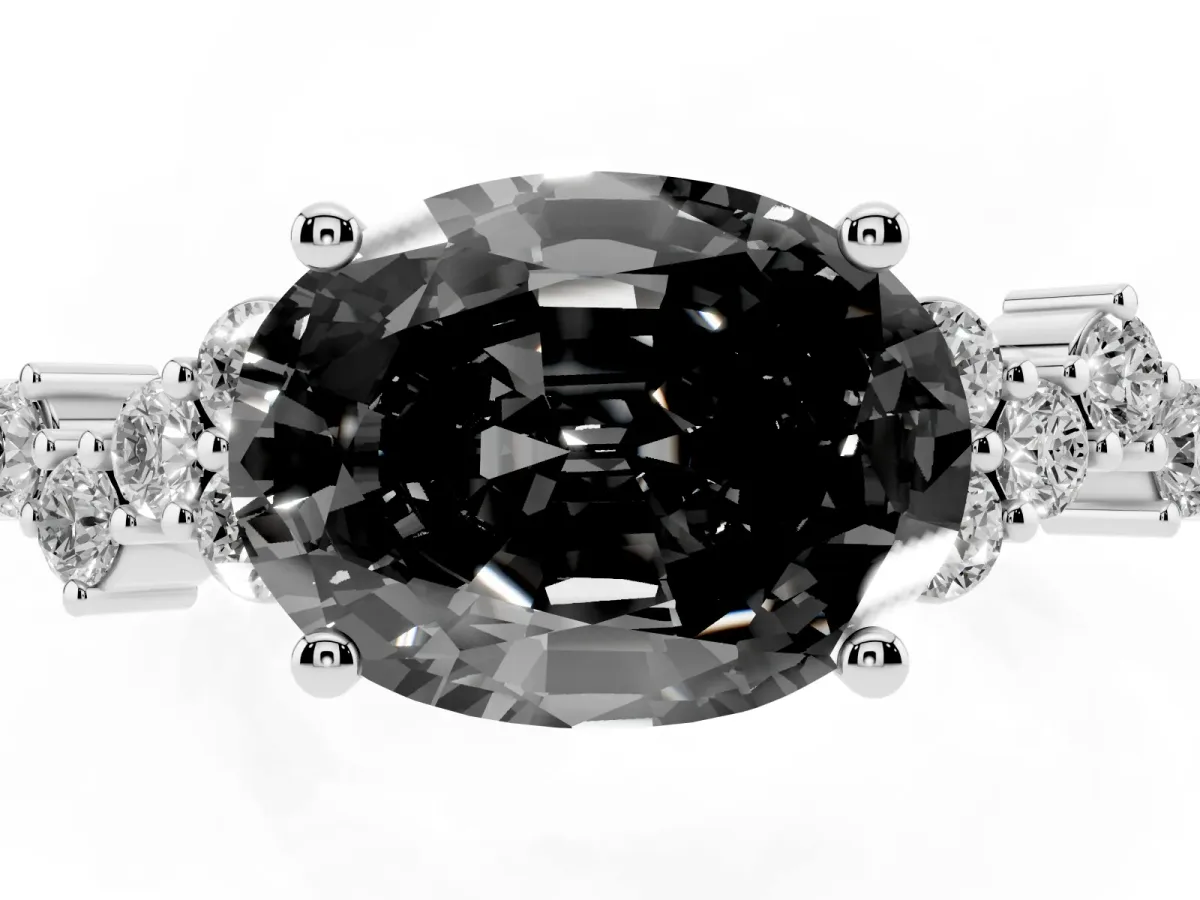 Fancy Black Oval Cut Diamond Scattered Round Accent Ring with Prong Setting Silver