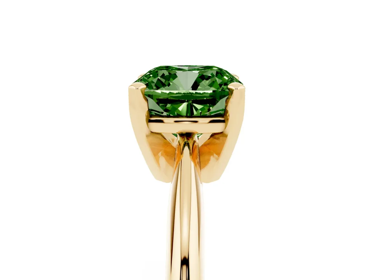 Fancy Green Cushion Cut Cut Solitaire Ring with Four-Prong Setting on a Classic Band Yellow gold