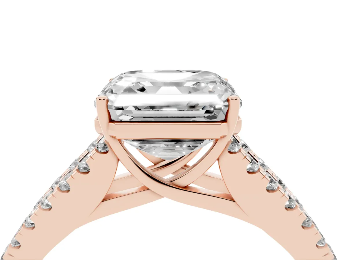 Asscher Cut Diamond Split Shank Engagement Ring with Round Pavé and Prong Setting Rose gold
