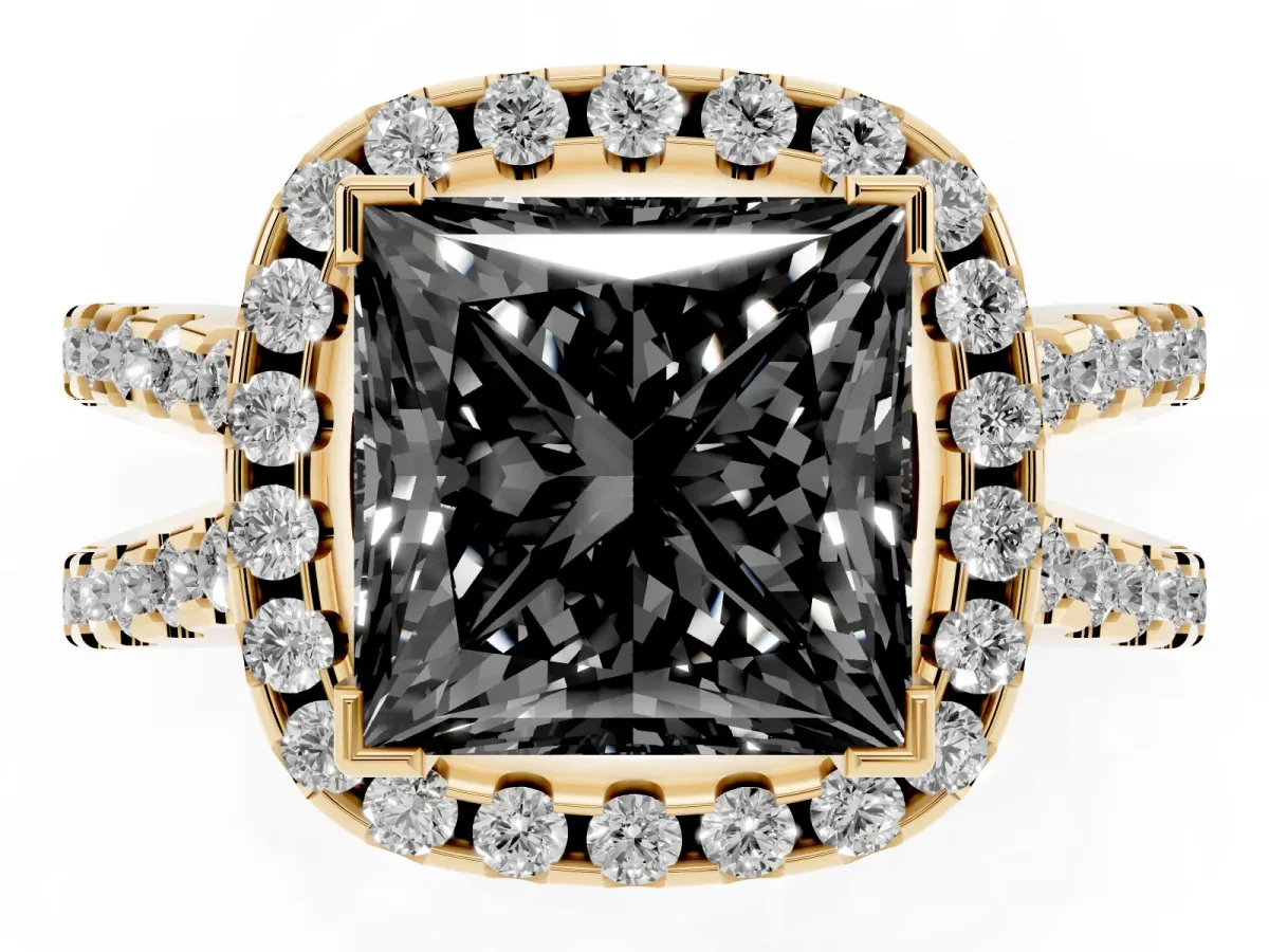 Fancy Black Princess Cut Diamond Halo Ring with Split Shank Pavé Band and Prong Setting Yellow gold