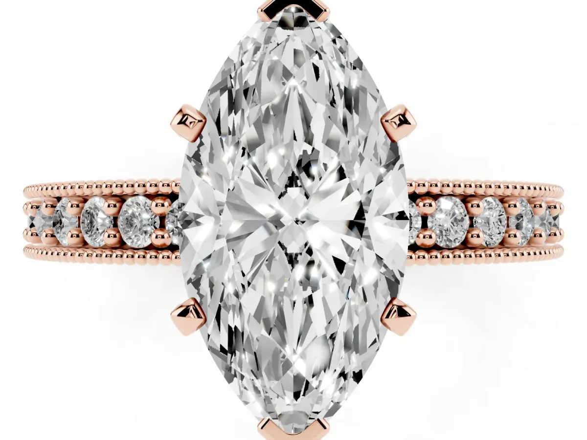 Marquise Cut Diamond Milgrain Pavé Engagement Ring with Four-Prong Setting Rose gold