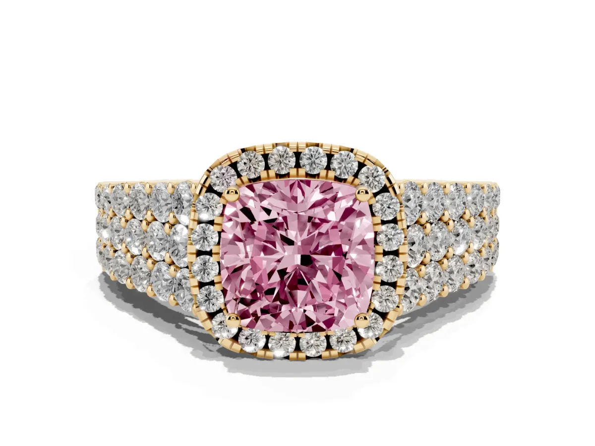 Fancy Pink Cushion Cut Diamond Halo Engagement Ring with Triple Row Round Pavé Band and Prong Setting Yellow gold