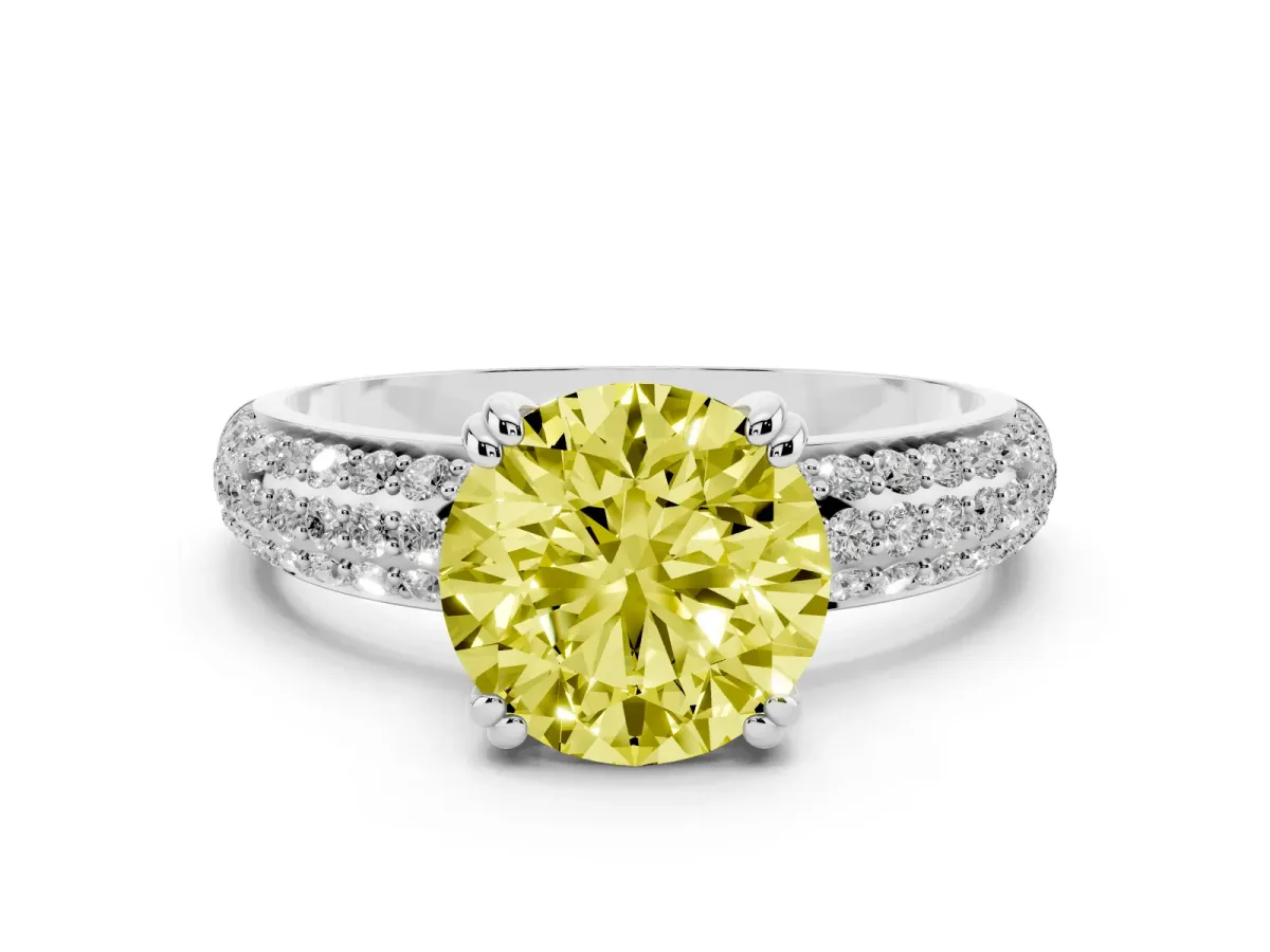 Fancy Yellow Round Cut Diamond Solitaire Ring with Multi-Row Round Pavé Band and Prong Setting Silver