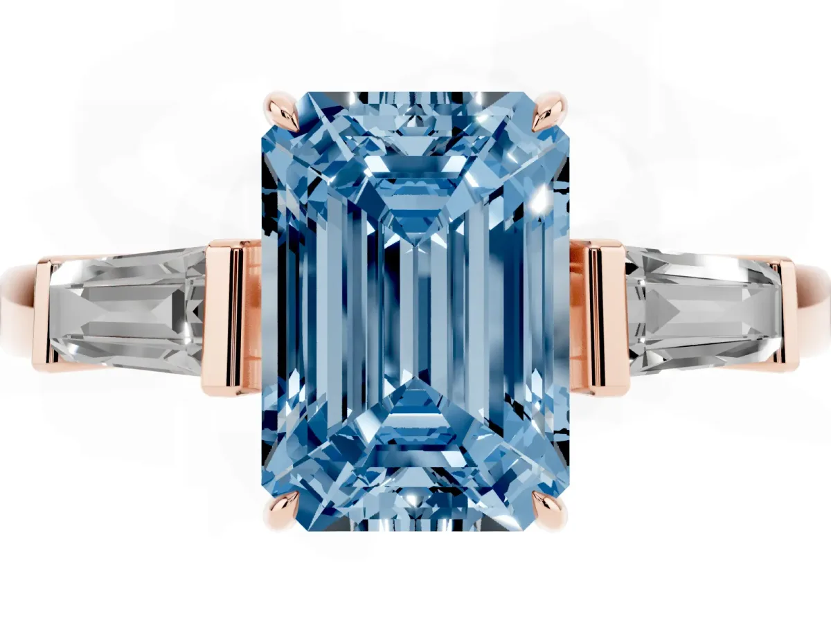 Fancy Blue Emerald Cut Diamond Three-Stone Ring with Tapered Baguette Side Stones and Prong Setting Rose gold