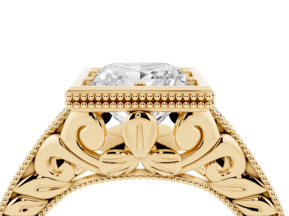 Bezel Set Princess Cut Diamond Milgrain Pave Engagement Ring Yellow gold