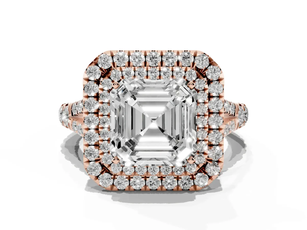 Asscher Cut Cut Double Halo Split Shank Diamond Ring with Prong Setting Rose gold