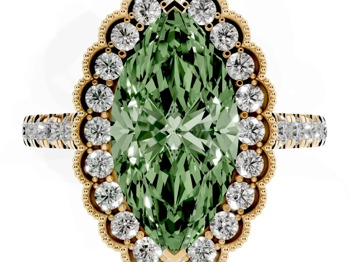 Fancy Green Marquise Cut Cut Diamond Milgrain Floral Halo Engagement Ring with Pavé Band Yellow gold
