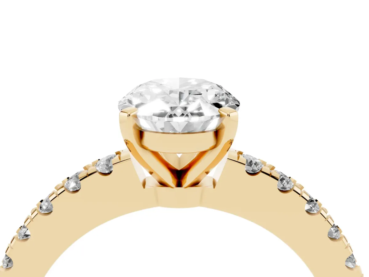 Oval Cut Solitaire Diamond with Pavé Band and Four-Prong Setting Yellow gold