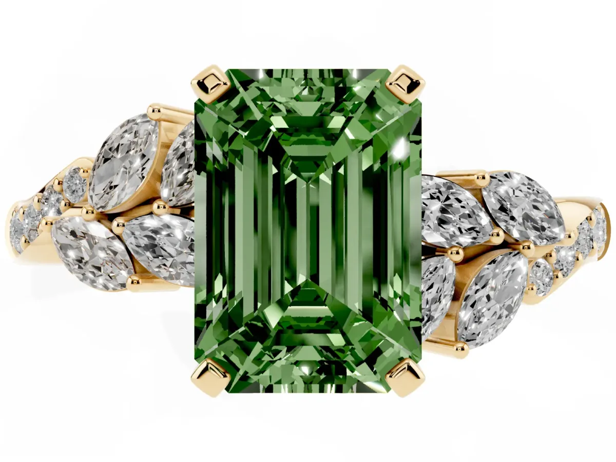 Fancy Green Emerald Cut Solitaire Marquise Twist Band with Six-Prong Setting Yellow gold