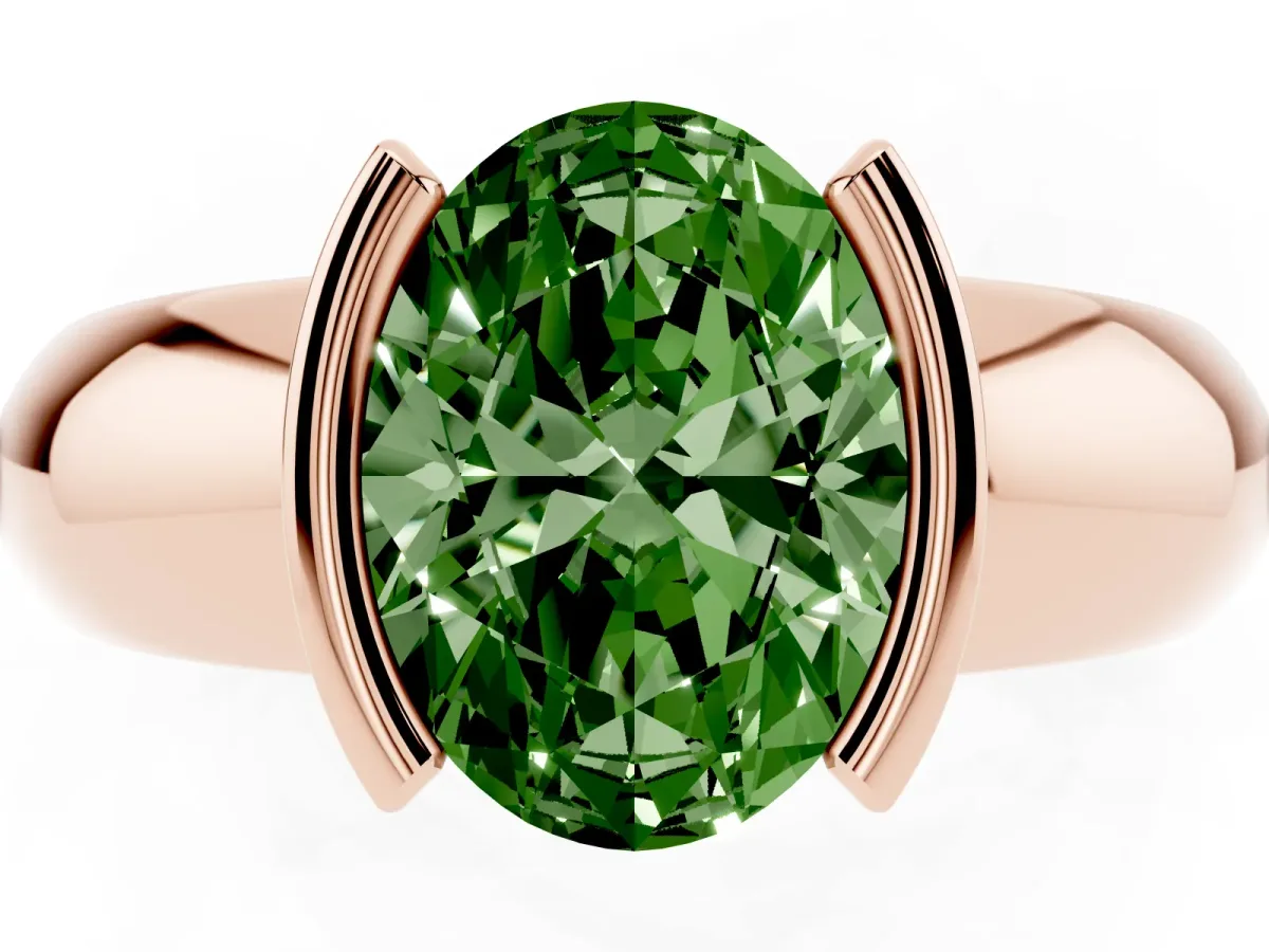 Fancy Green Oval Cut Solitaire Tension Set Diamond Ring with Wide Band Rose gold