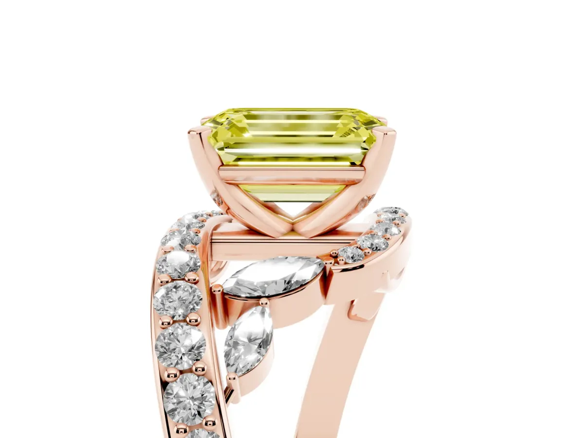 Fancy Yellow Emerald Cut Solitaire with Pavé Twist Band and Four-Prong Setting Rose gold
