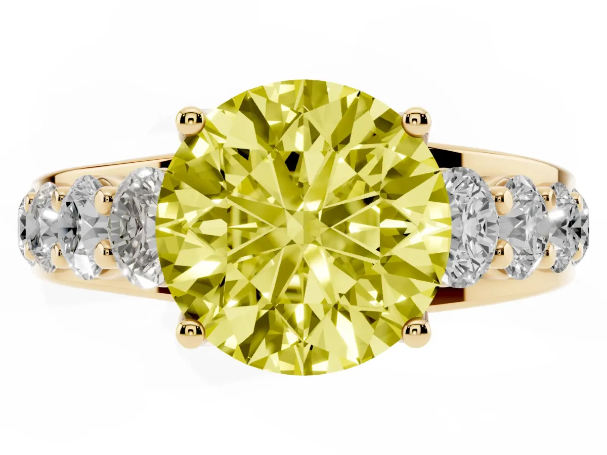 Fancy Yellow Round Cut Diamond Engagement Ring with Pavé Band and Four-Prong Setting Yellow gold