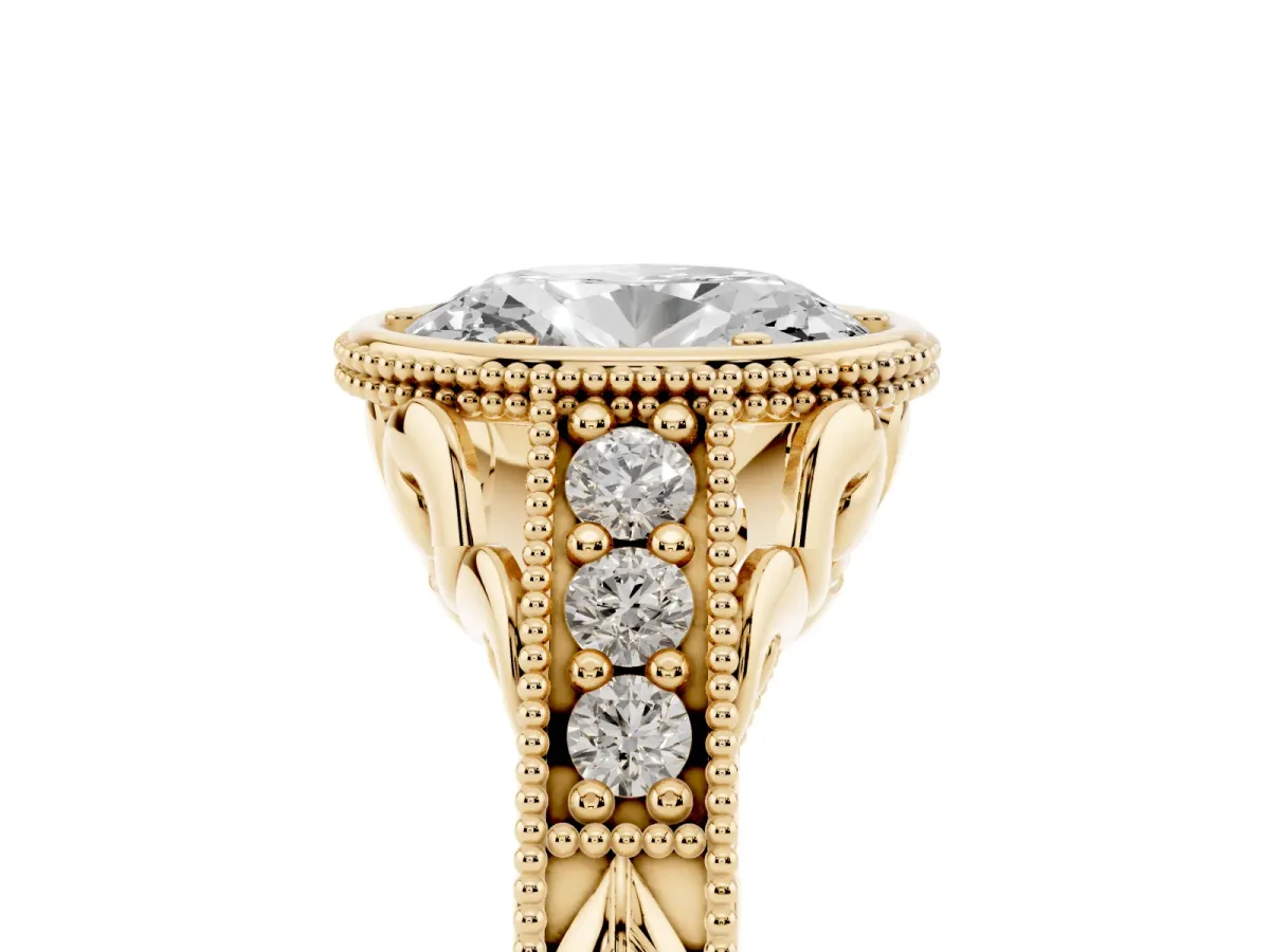 Bezel Set Oval Cut Diamond Milgrain Pave Engagement Ring Yellow gold