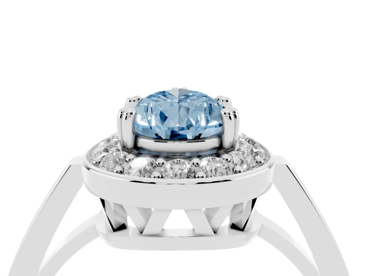 Fancy Blue Pear Cut Diamond Halo Ring with Split Shank and Four-Prong Setting Platinum