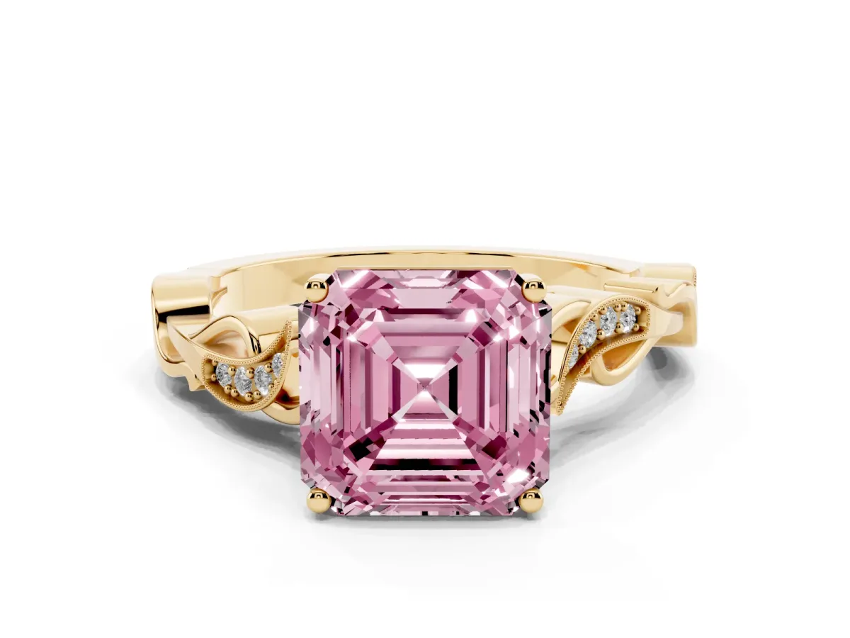 Fancy Pink Asscher Cut Solitaire Vine Band with Milgrain Prong Setting Yellow gold