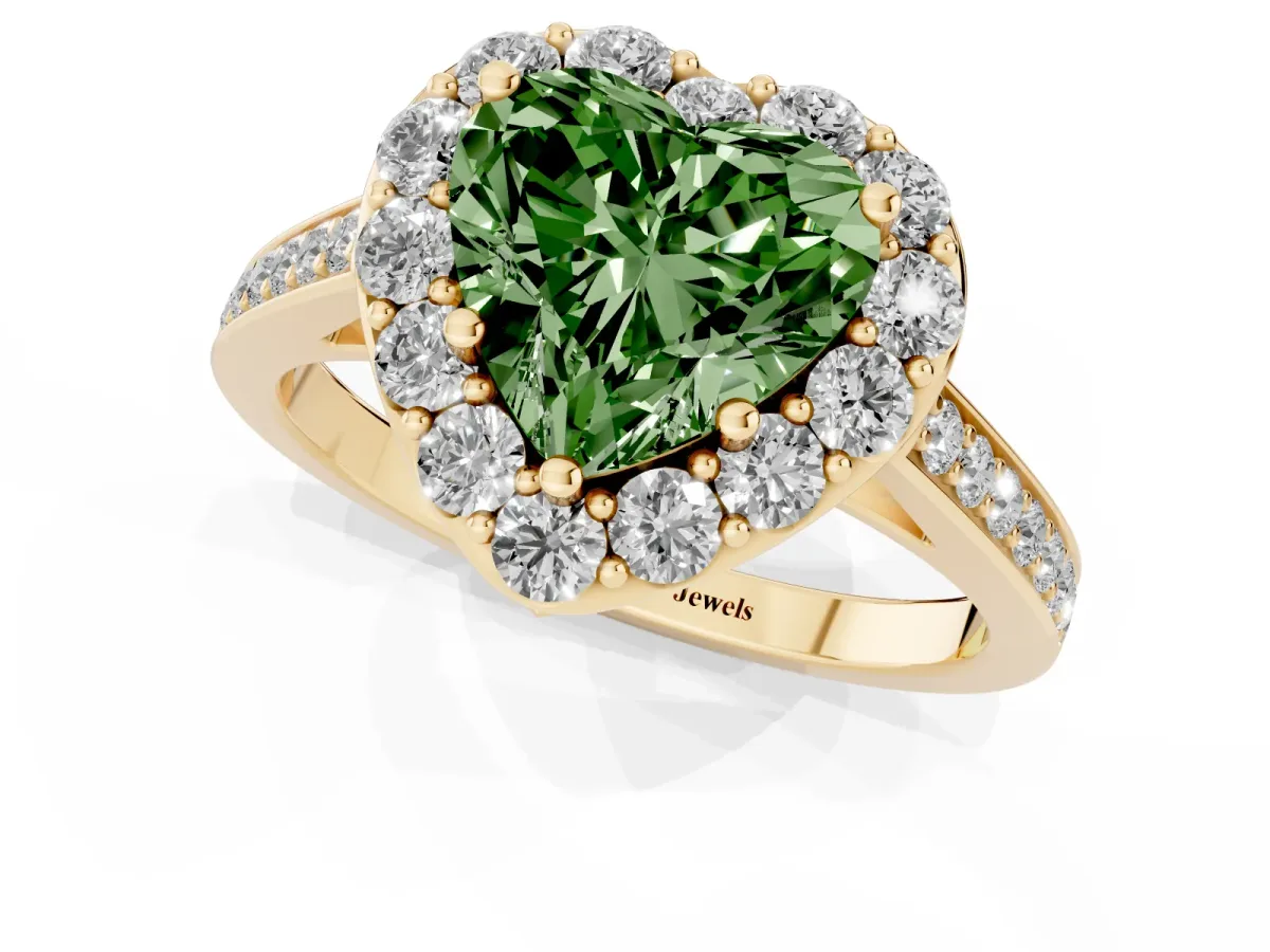 Fancy Green Heart Cut Diamond Floral Halo Ring with Pavé Band and Prong Setting Yellow gold
