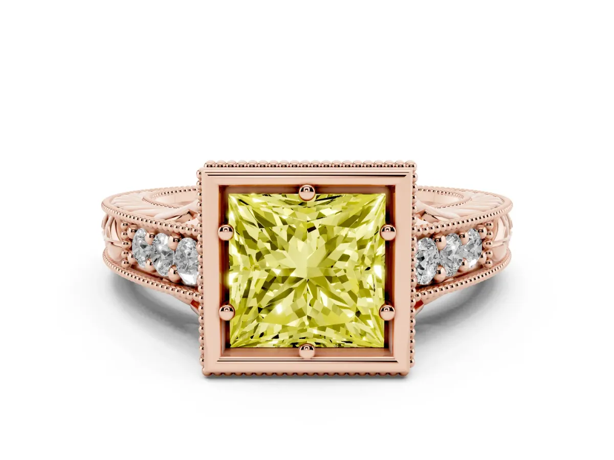 Fancy Yellow Bezel Set Princess Cut Diamond Milgrain Pave Engagement Ring Rose gold