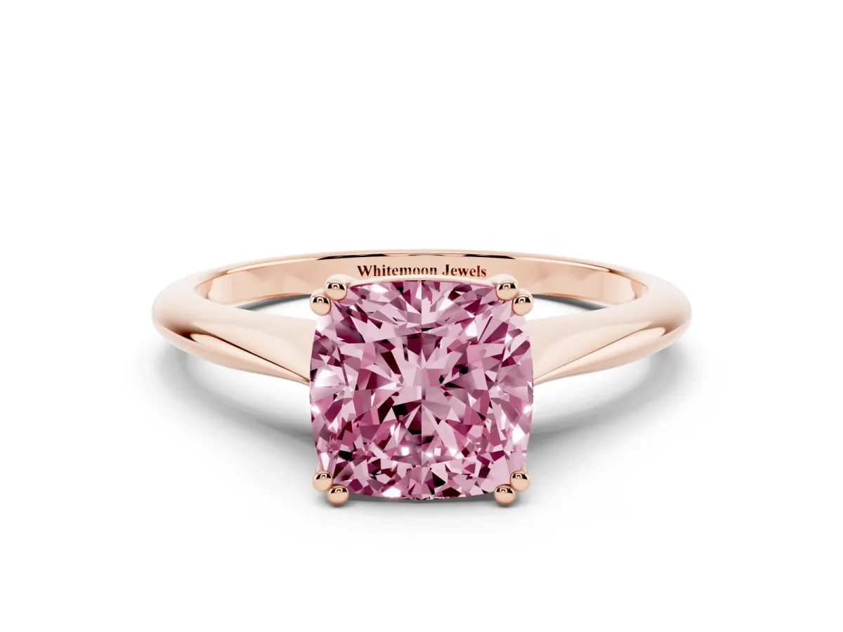 Fancy Pink Cushion Cut Solitaire Diamond Ring with Six-Prong Setting and Classic Band Rose gold