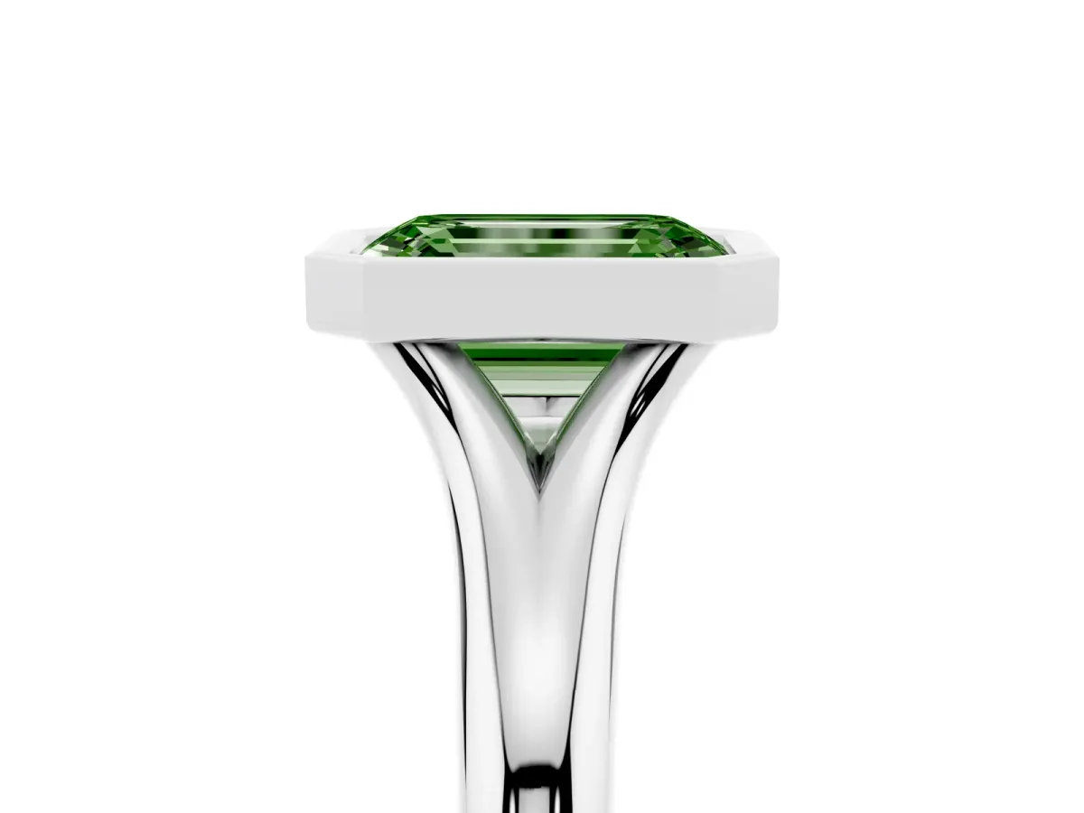 Fancy Green Bezel Set Emerald Cut Solitaire Diamond Ring with Smooth Band Silver