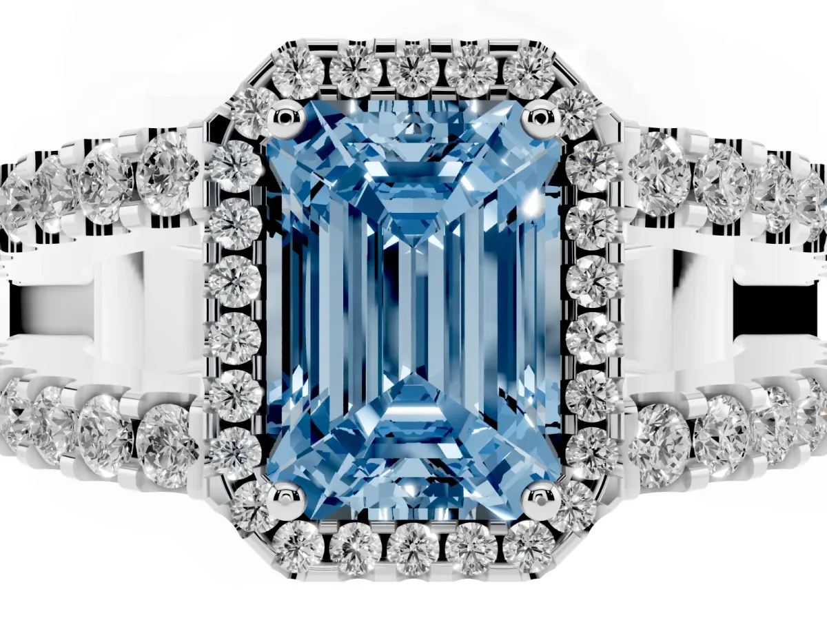 Fancy Blue Emerald Cut Cut Halo Split Shank Diamond Ring with Four-Prong Setting Silver