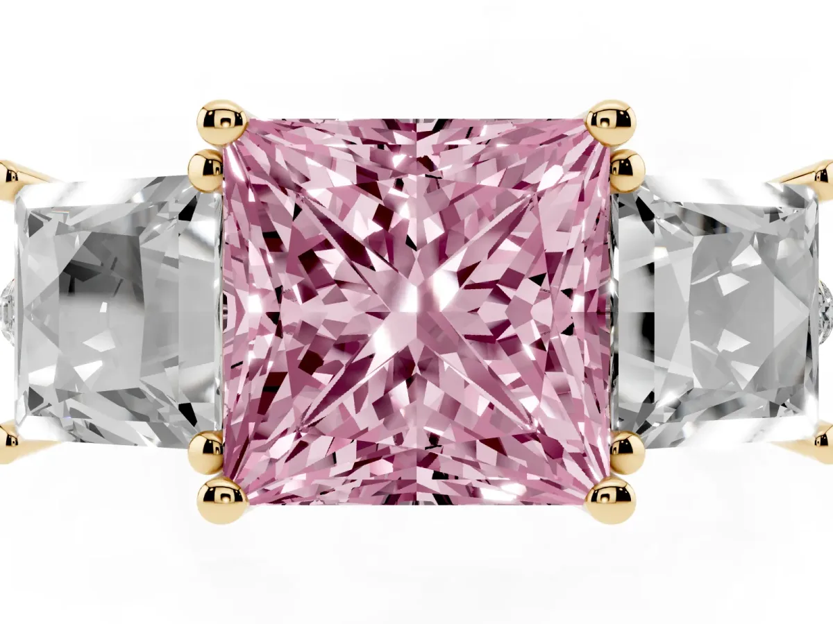 Fancy Pink Three-Stone Princess Cut Diamond Ring with Round Pavé Band and Prong Setting Yellow gold