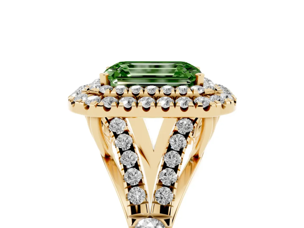 Fancy Green Emerald Cut Diamond Pavé Split Shank Double Halo Engagement Ring Yellow gold
