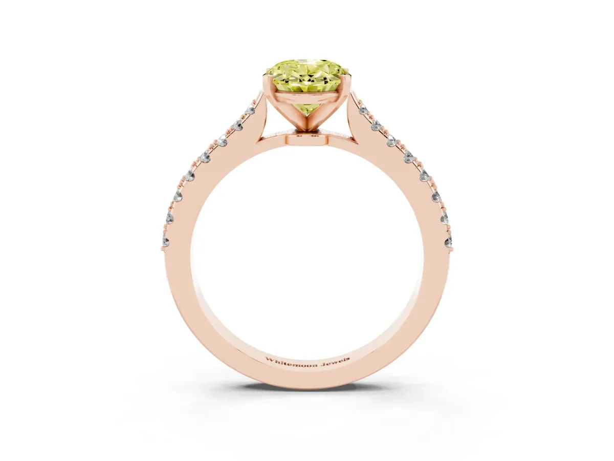 Fancy Yellow Oval Cut Cut Solitaire Diamond Engagement Ring with Pave Band and Four-Prong Setting Rose gold